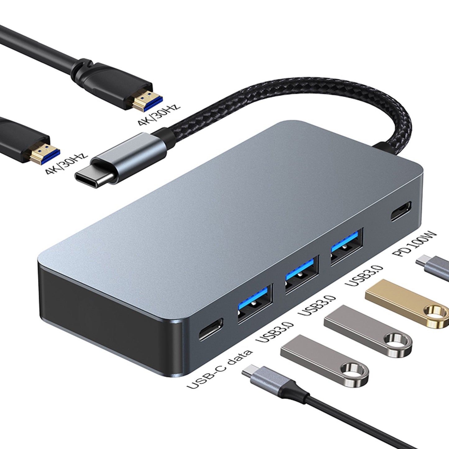 7 in 1 TYPE-C+USB3.0*3+HDMI*2+PD100W+USB-C Data Interface for MacBook iPad Pro