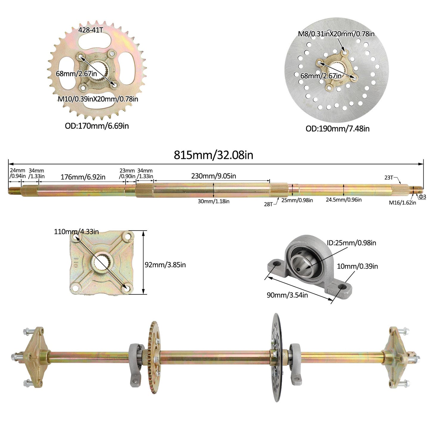 32" ATV Quad Go Kart Rear Live Axle Kit Sprocket Brake Wheel Hub Brake Assembly