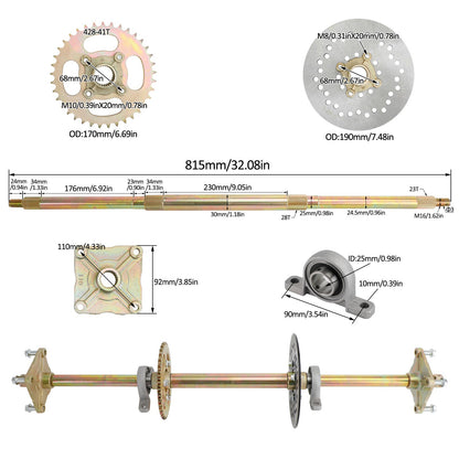 32" ATV Quad Go Kart Rear Live Axle Kit Sprocket Brake Wheel Hub Brake Assembly