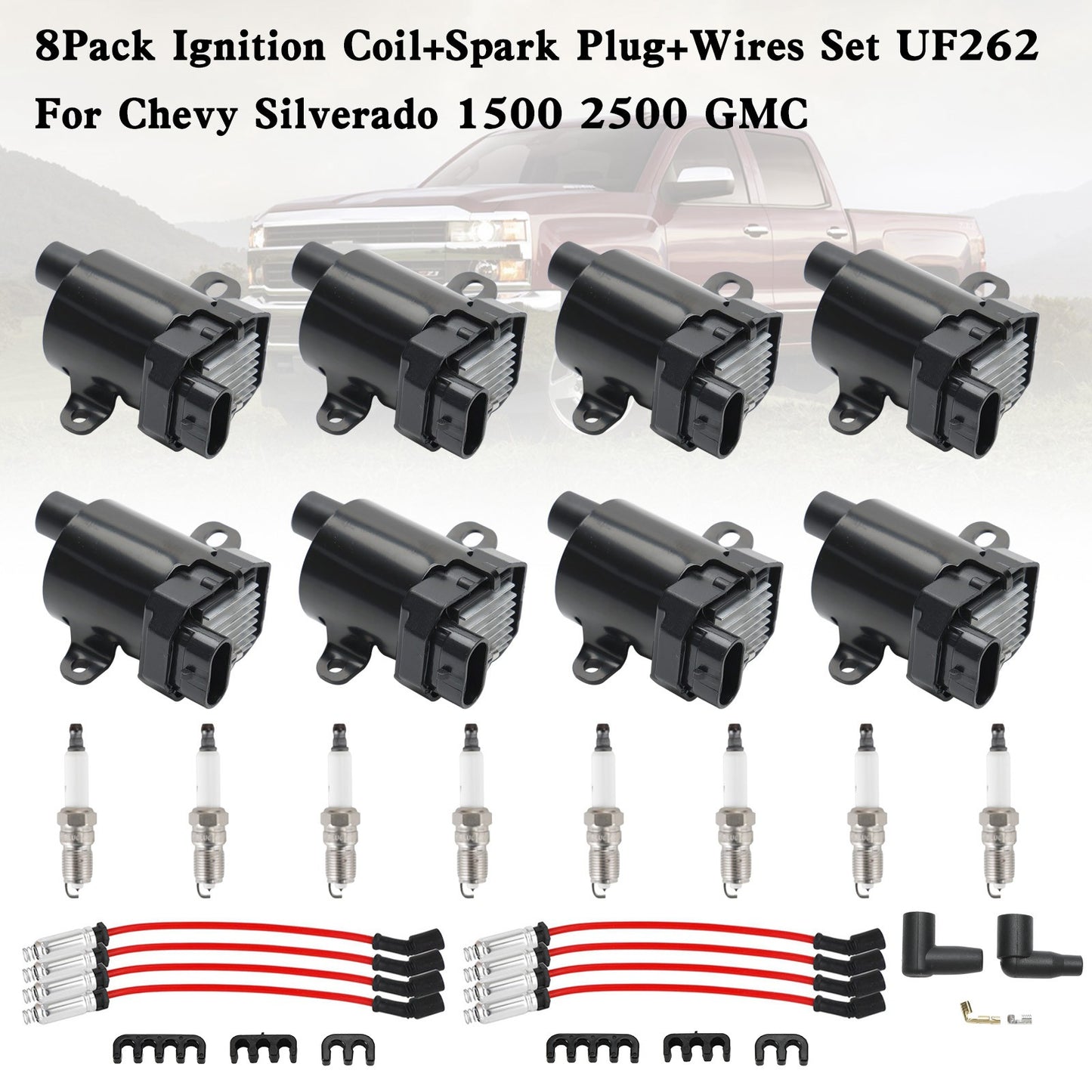 8Pack Ignition Coil+Spark Plug+Wires Set UF262 For Chevy Silverado 1500 2500 GMC