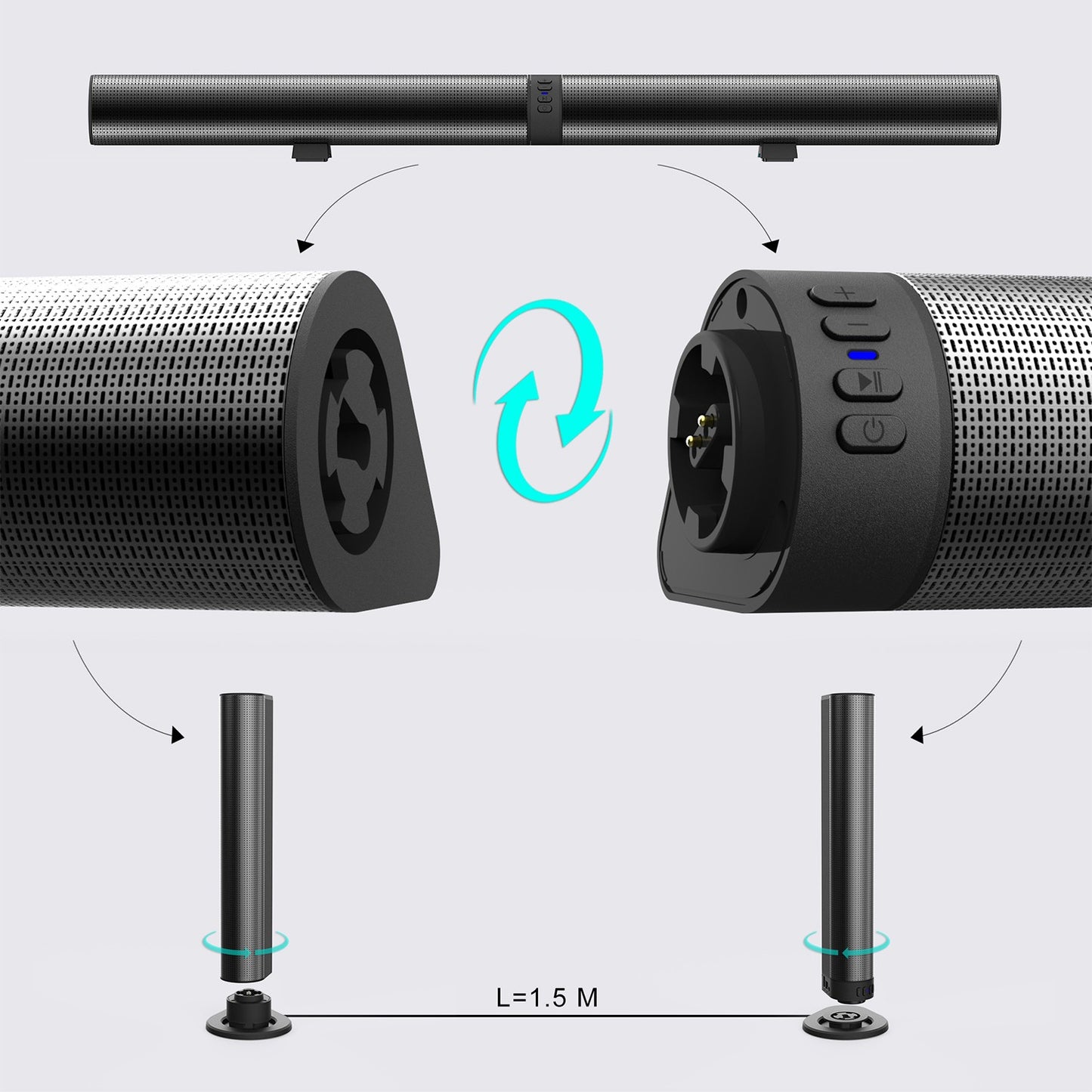 Detachable Surround Sound Bar Wireless Subwoofer 2 Speaker System Home Theater`