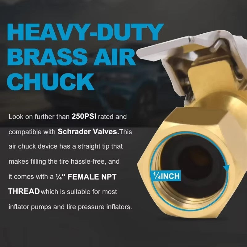 3 PCs 250PSI Brass Lock-on Air Chuck with Tire Inflator Valve 1/4 in. NPT