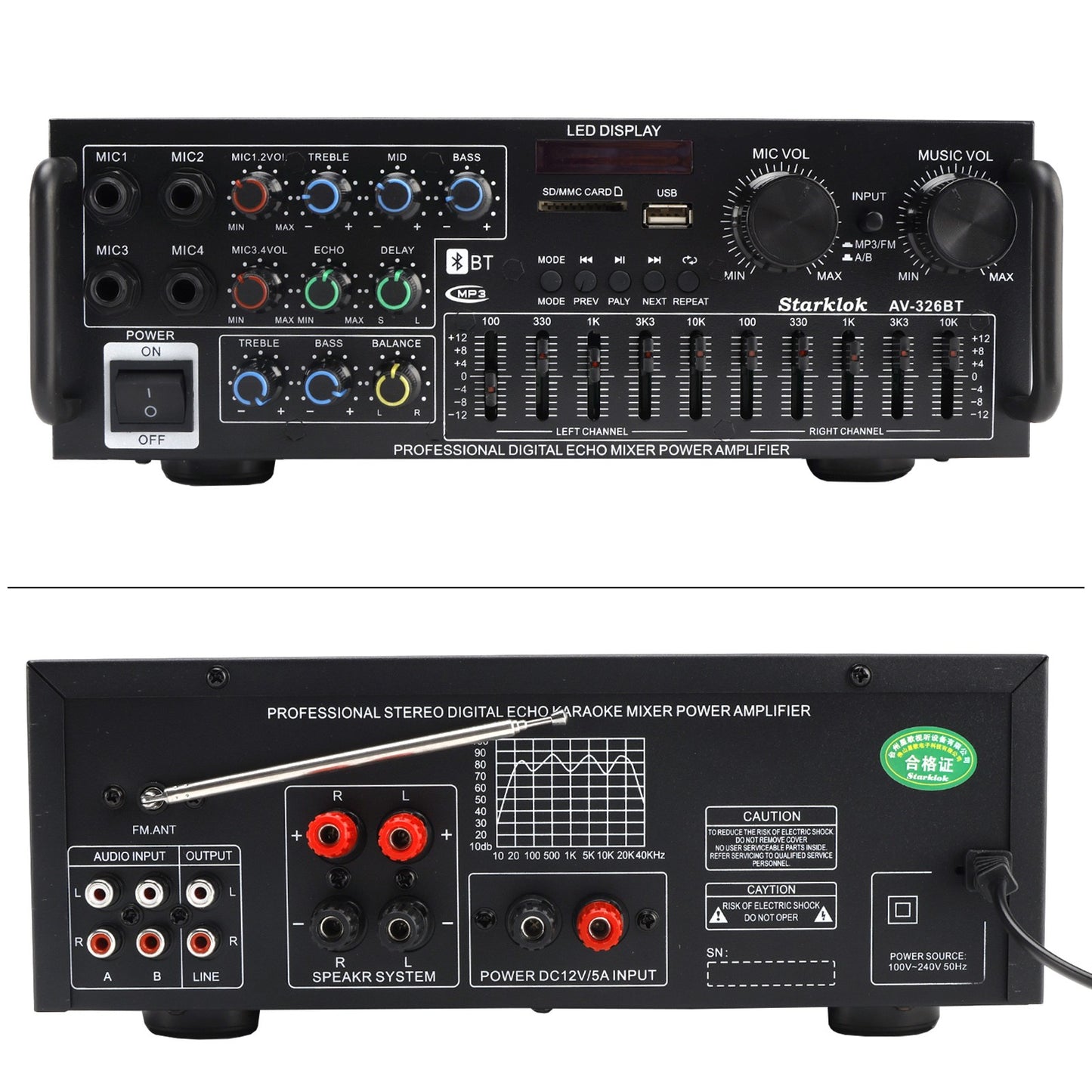 2500W Peak Stereo HiFi Power Amplifier Bluetooth5.4 Karaoke FM USB EQ Mixer 110V
