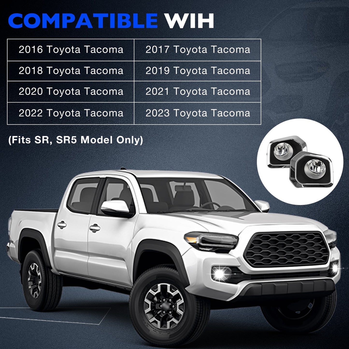 Front Bumper Fog Light Lamp Kit w/ Chrome Trim Bezel Fit 2016-2023 Toyota Tacoma