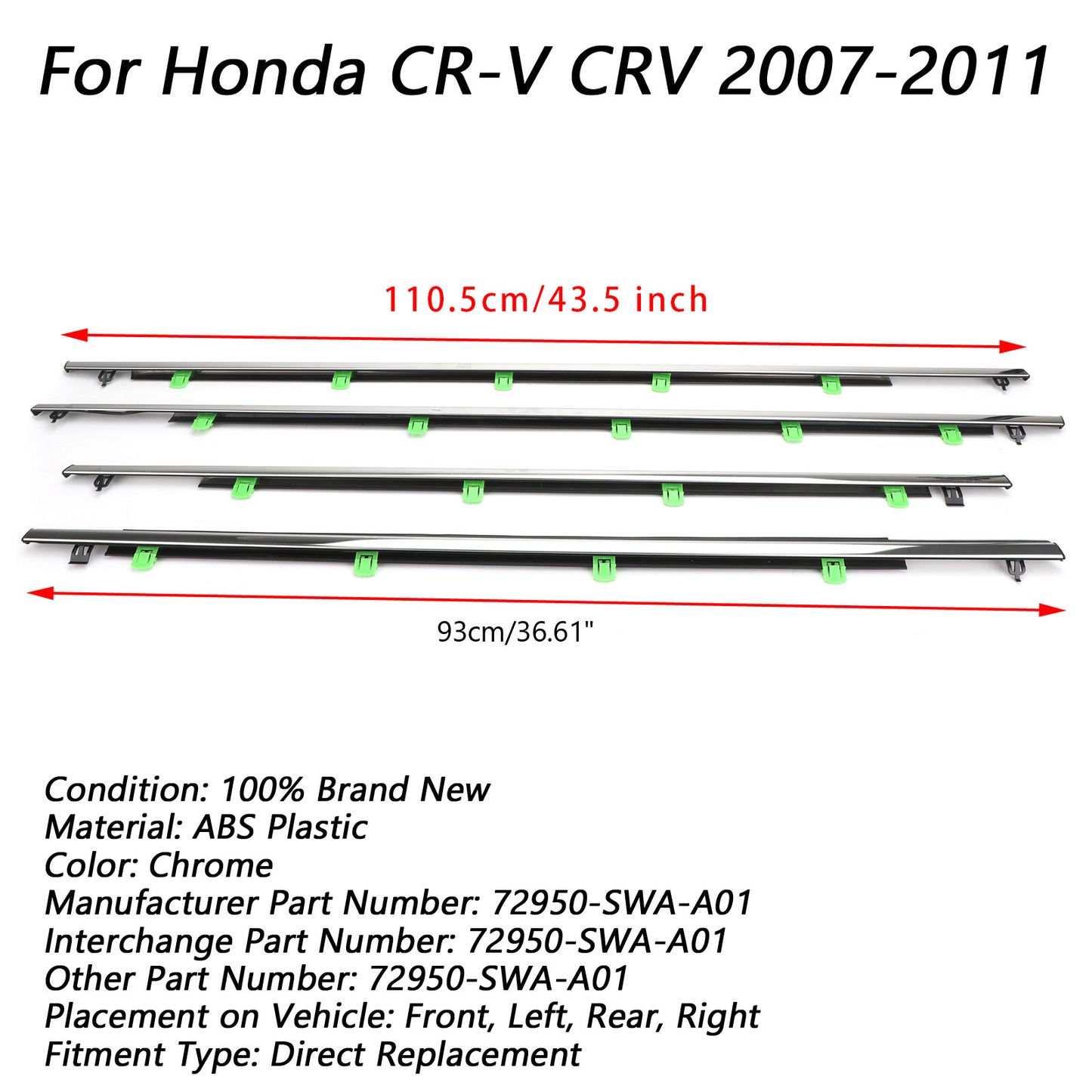 Chrome Weatherstrip Window Moulding Trimeal Belt Fits Honda CR-V CRV 2007-11