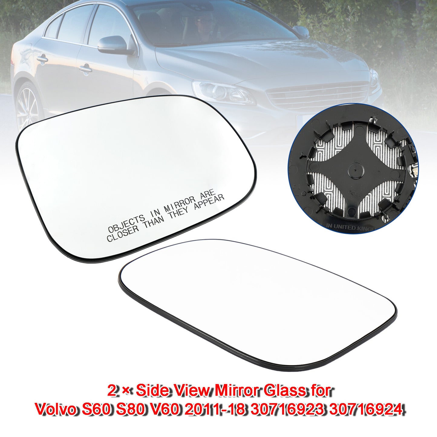 2 × Side View Mirror Glass for Volvo S60 S80 V60 2011-18 30716923 30716924