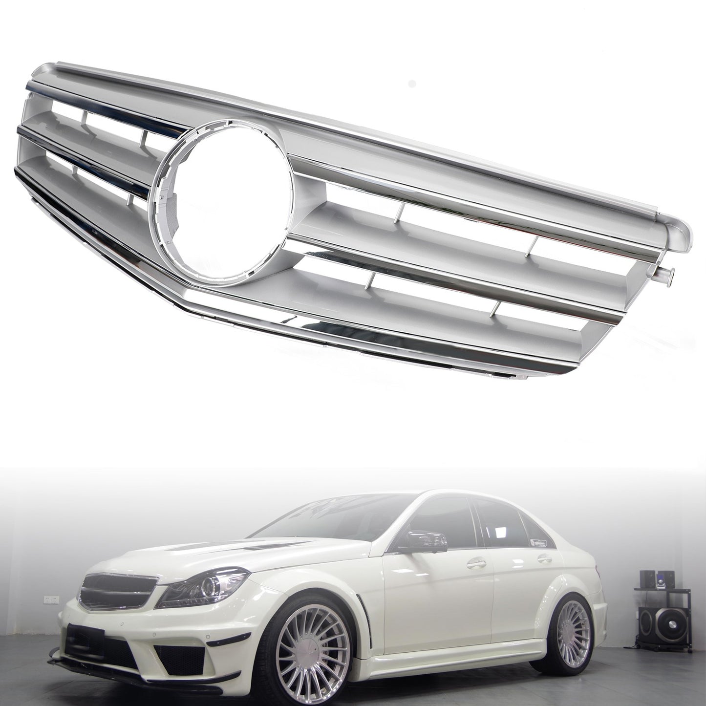 Front Bumper Grille Fit Benz C Class W204 W/LED Emblem C300/C350 08-14 Chrome