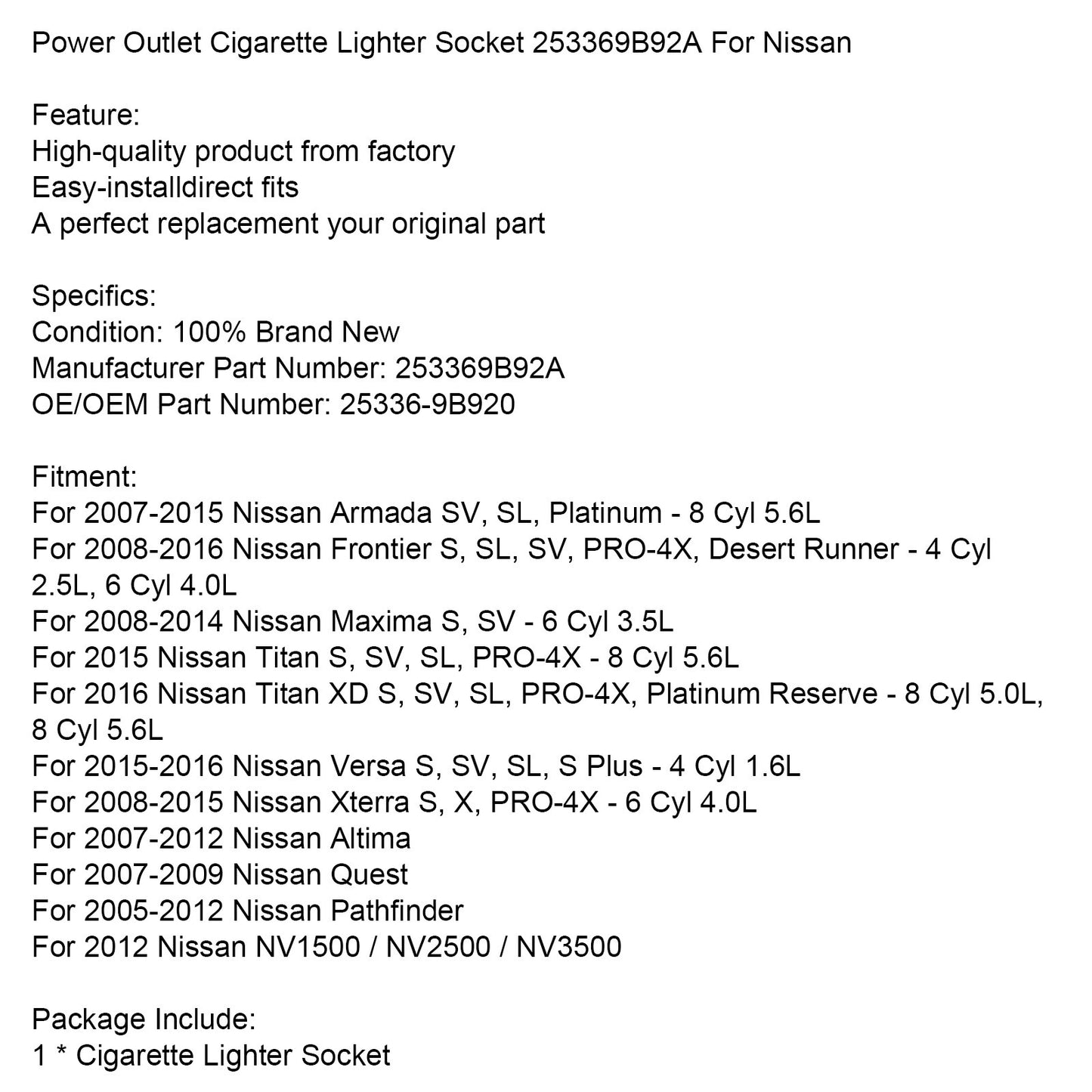 Power Outlet Cigarette Lighter Socket 253369B92A For Nissan