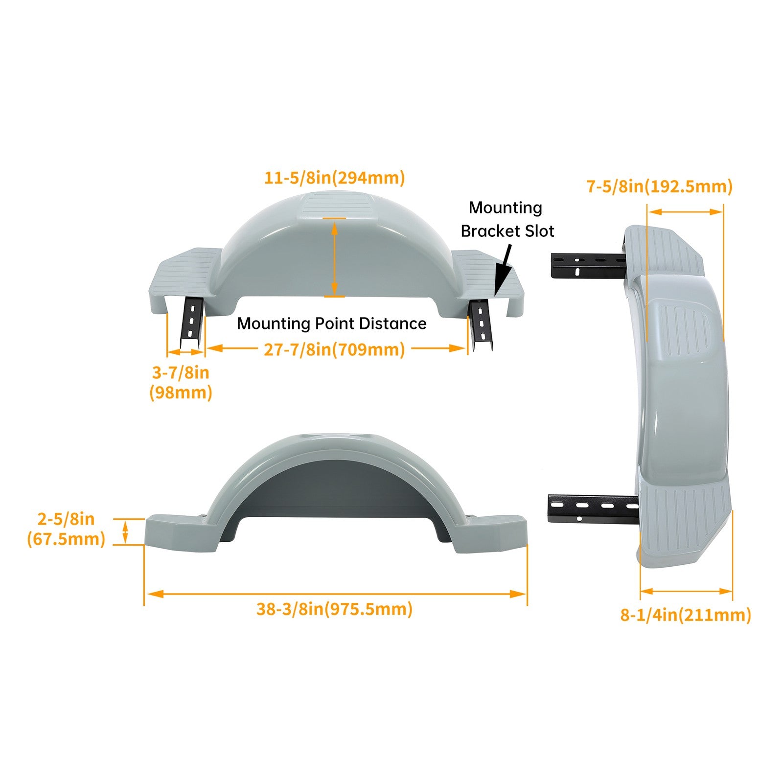 Solid Spare GRAY 2 SINGLE AXLE TRAILER FENDERS FOR 13" WHEELS TIRES SKIRT BOAT PAIR