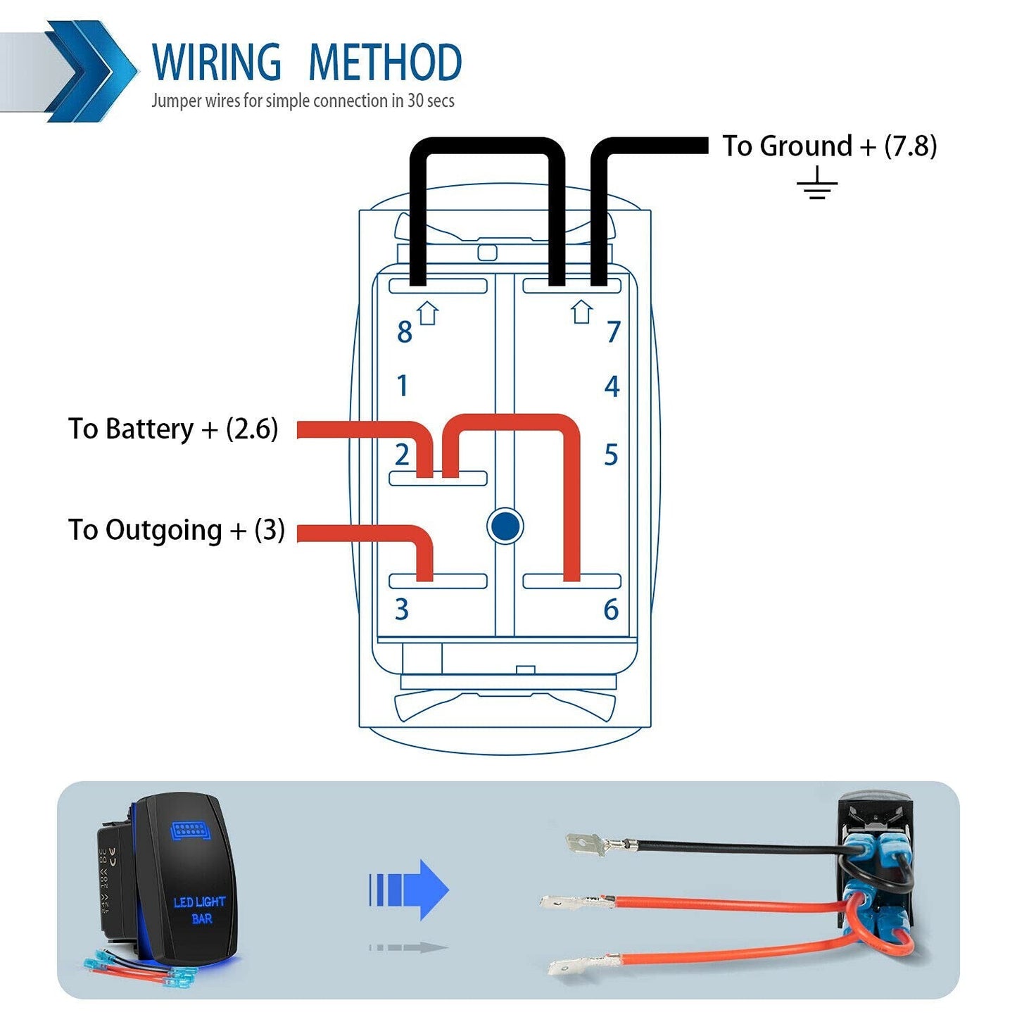 2pcs Blue Rocker Switch Rear Light + LED Light Bar Toggle 5 Pin for Car ATV UTV