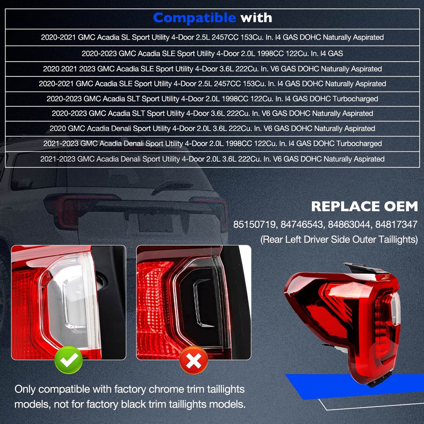 85150719 Brake LED Taillights Lamp Assembly Driver Fit 2020-23 GMC Acadia SL SLE