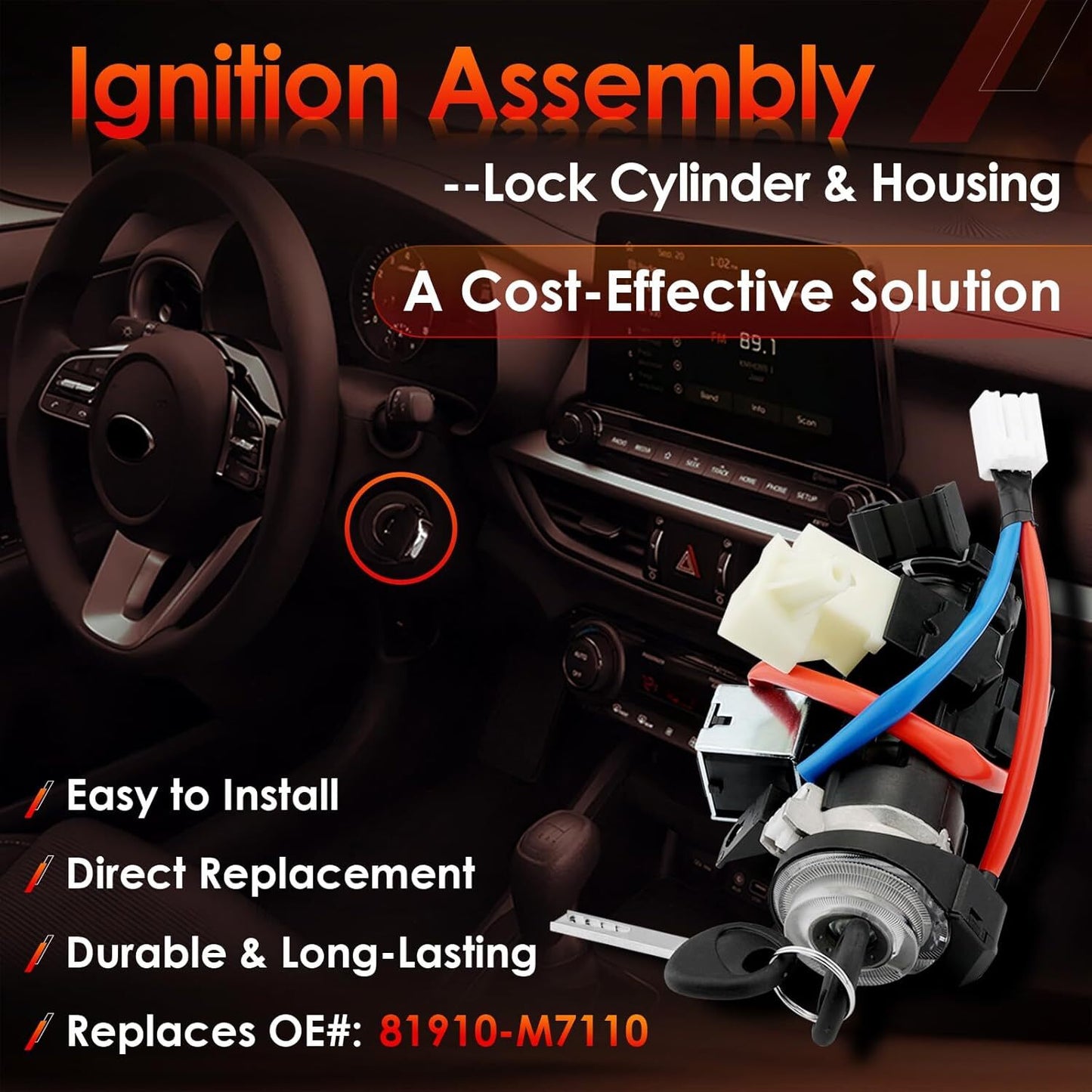 Ignition Switch w/ Lock Cylinder Housing Keys For 19-23 Kia Forte Soul Seltos EX