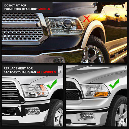 Solid Spare For 09-18 Dodge Ram 1500 2500 3500 Sequential Turn Signal Headlights w/LED DRL