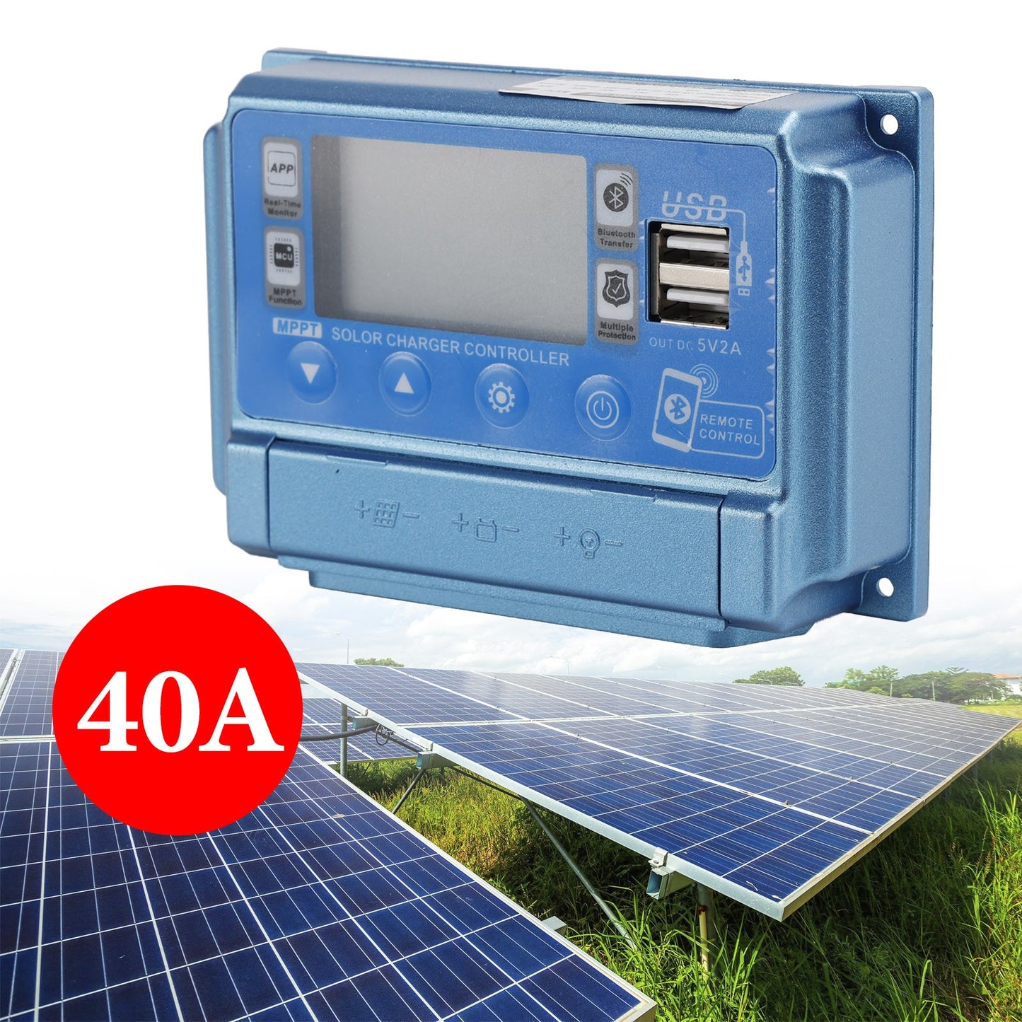 40A MPPT APP Solar Charge Controller Charger Fits 12V-60V LiFePO4 Battery Blue