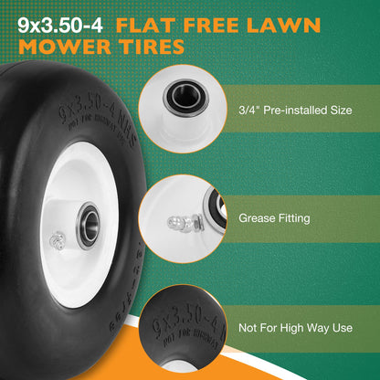 2x 9x3.50-4 Front Flat Free Tire Wheel Set w/ Bearings For Zero-Turn Lawn Mower