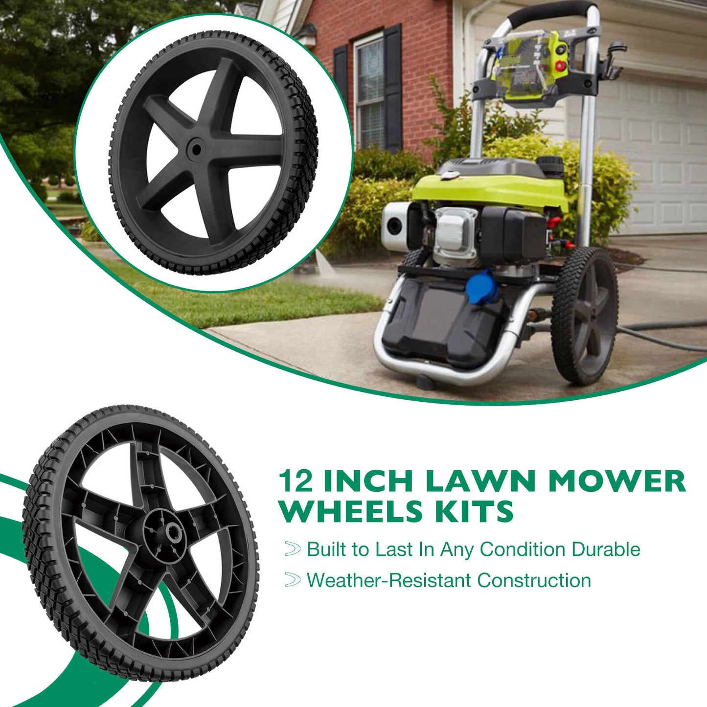2 Pack 12" x 1.75" 1/2-Hub Pressure Washer Wheels For Homelite Ryobi RY80940B