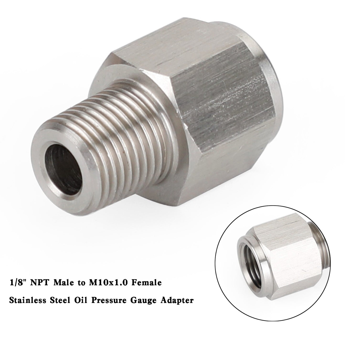 1/8" NPT Male to M10x1.0 Female Stainless Steel Oil Pressure Gauge Adapter V1