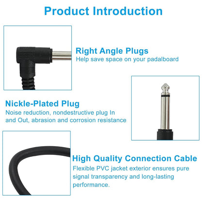 6 Pack Guitar Patch Cables, Premium 6 Inch Right-Angle 1/4" TS Pedal Board Cable