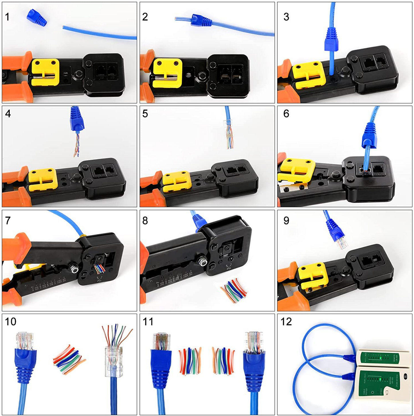 RJ45 Crimp Tool Pass Through Cat5 Cat5e Cat6 Crimping Tool for RJ45/RJ12 Regular