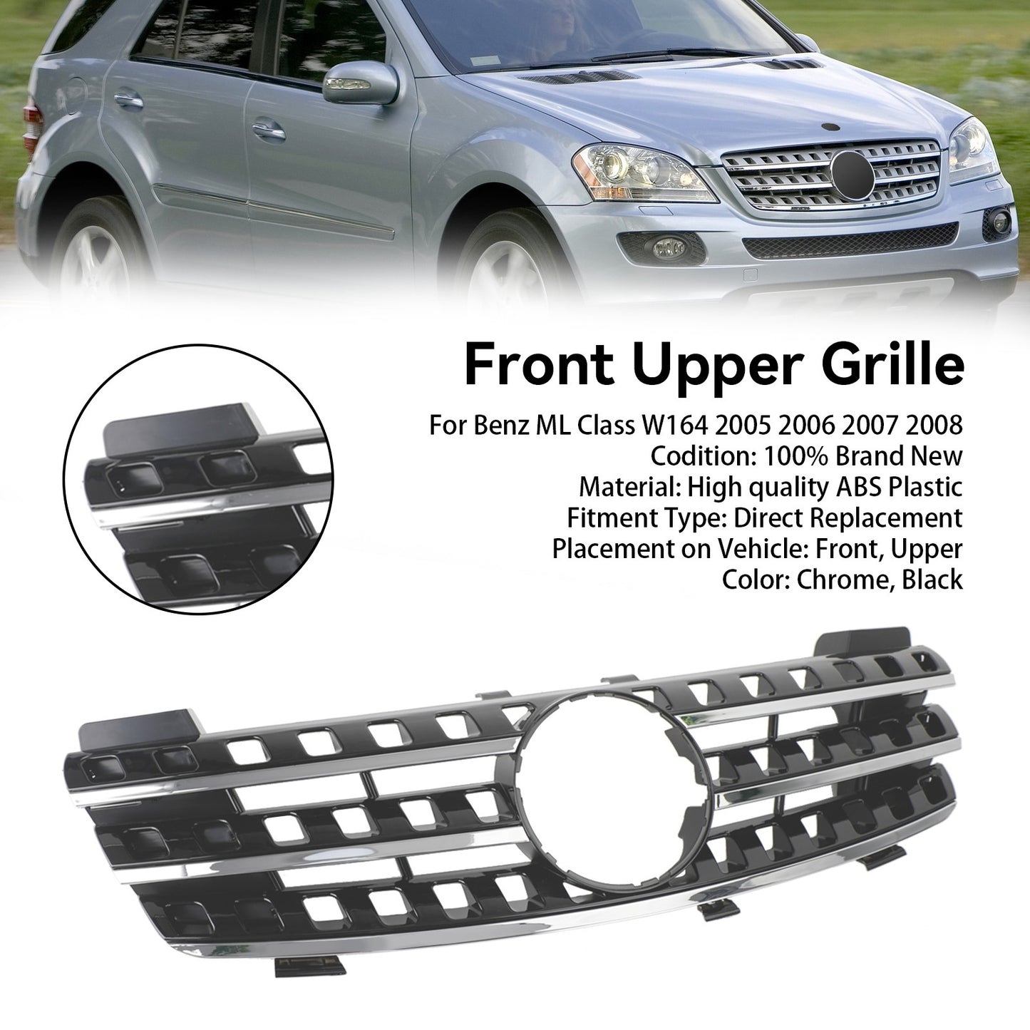 ??Front Bumper Grille Grill Fits Mercedes ML-Class W164 2005-2008 Chrome/Black