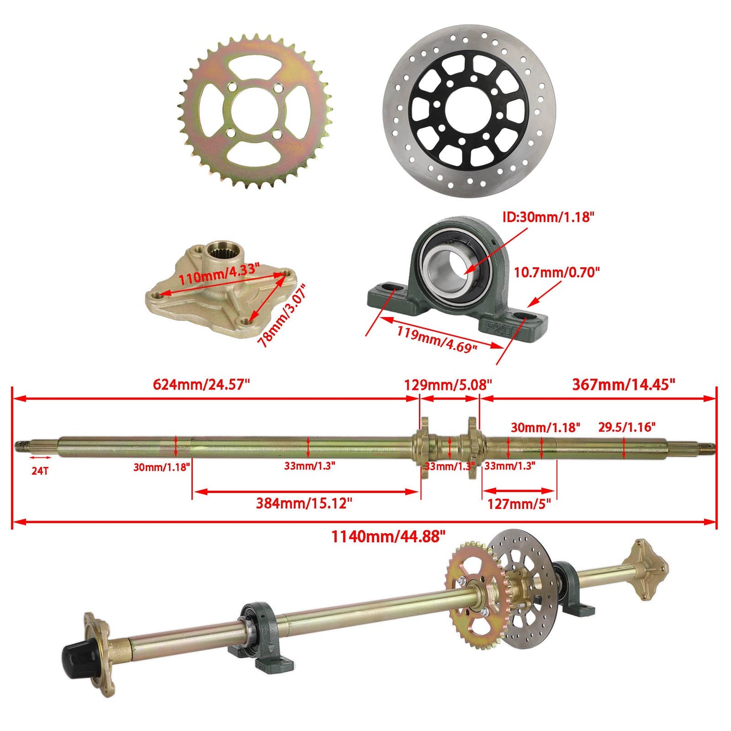44.8 ATV Quad Go Kart Rear Live Axle Kit Sprocket Brake Wheel Hub Brake Assembly