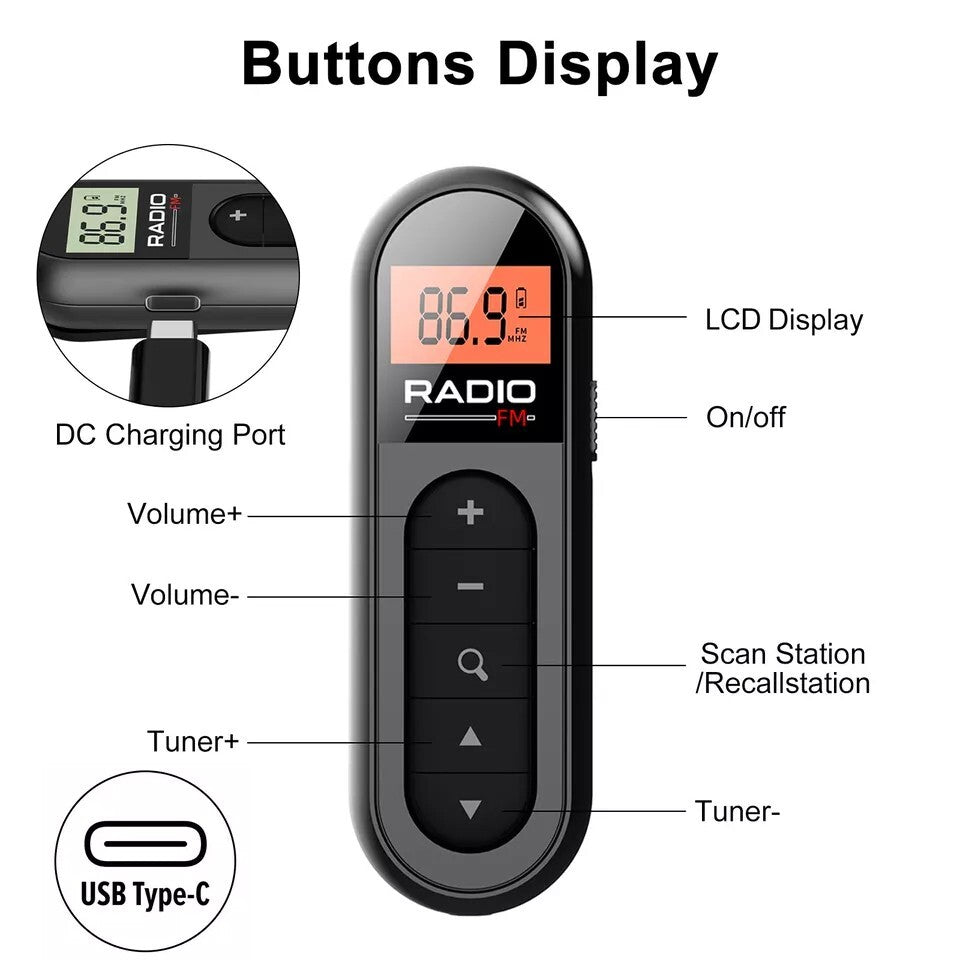 Portable FM Pocket Radio Mini Walkman Digital LCD Screen with 3.5mm Earphone USA