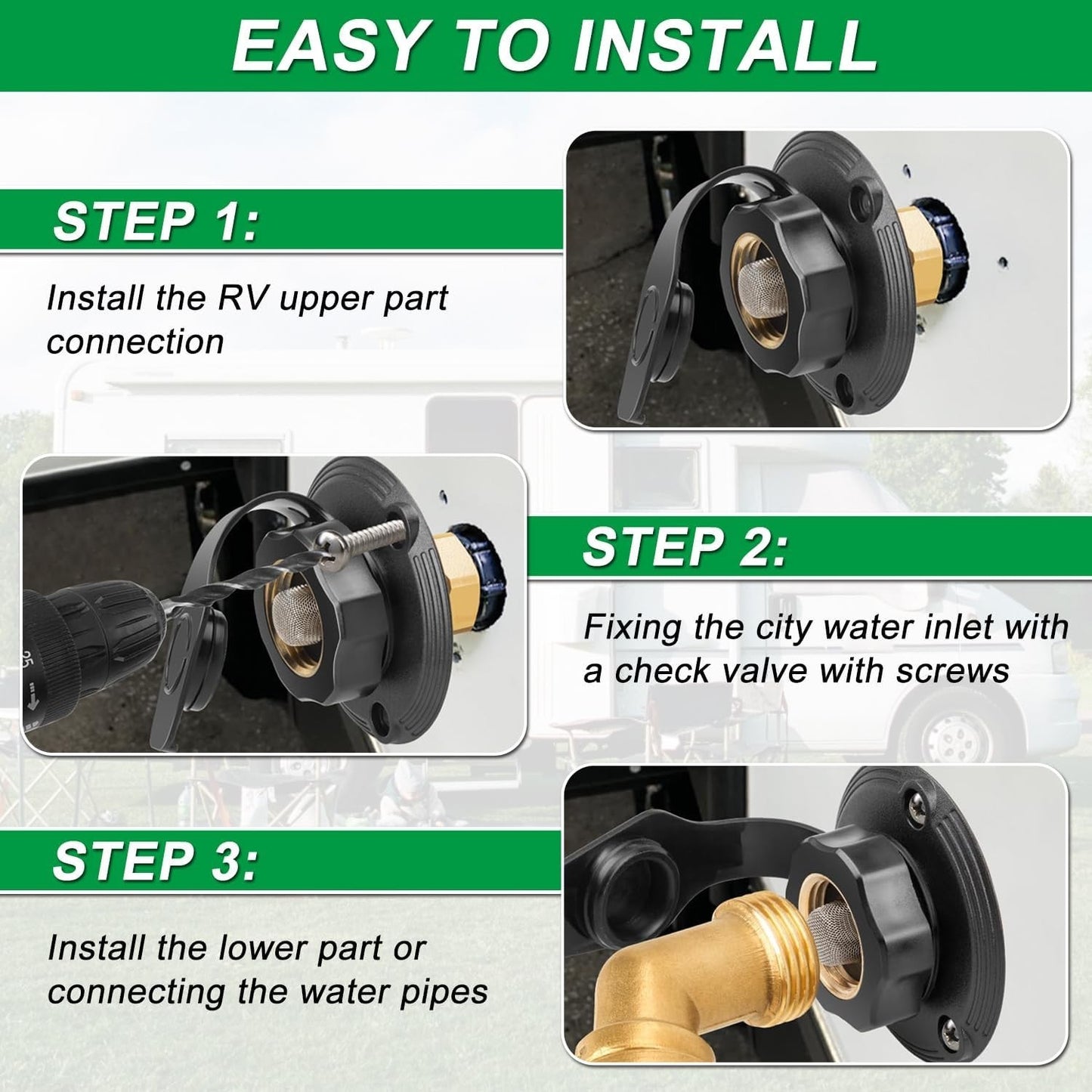 RV City Water Fill Inlet Connection with Check Valve Flange Brass Hose Connector