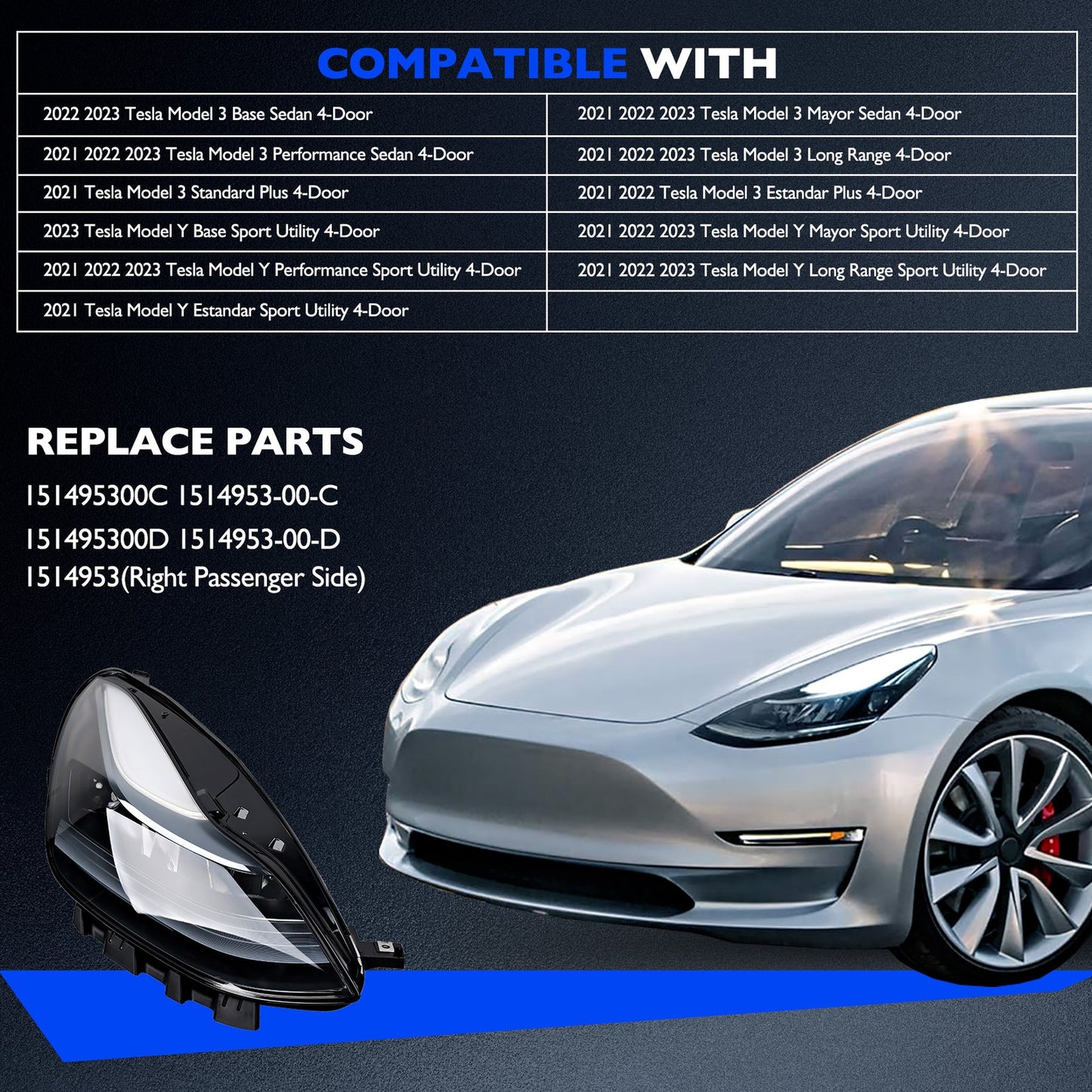 Headlight Lamp Assy Right Passenger Side Fit 21-23 Tesla Model 3 Y 1514953-00-C
