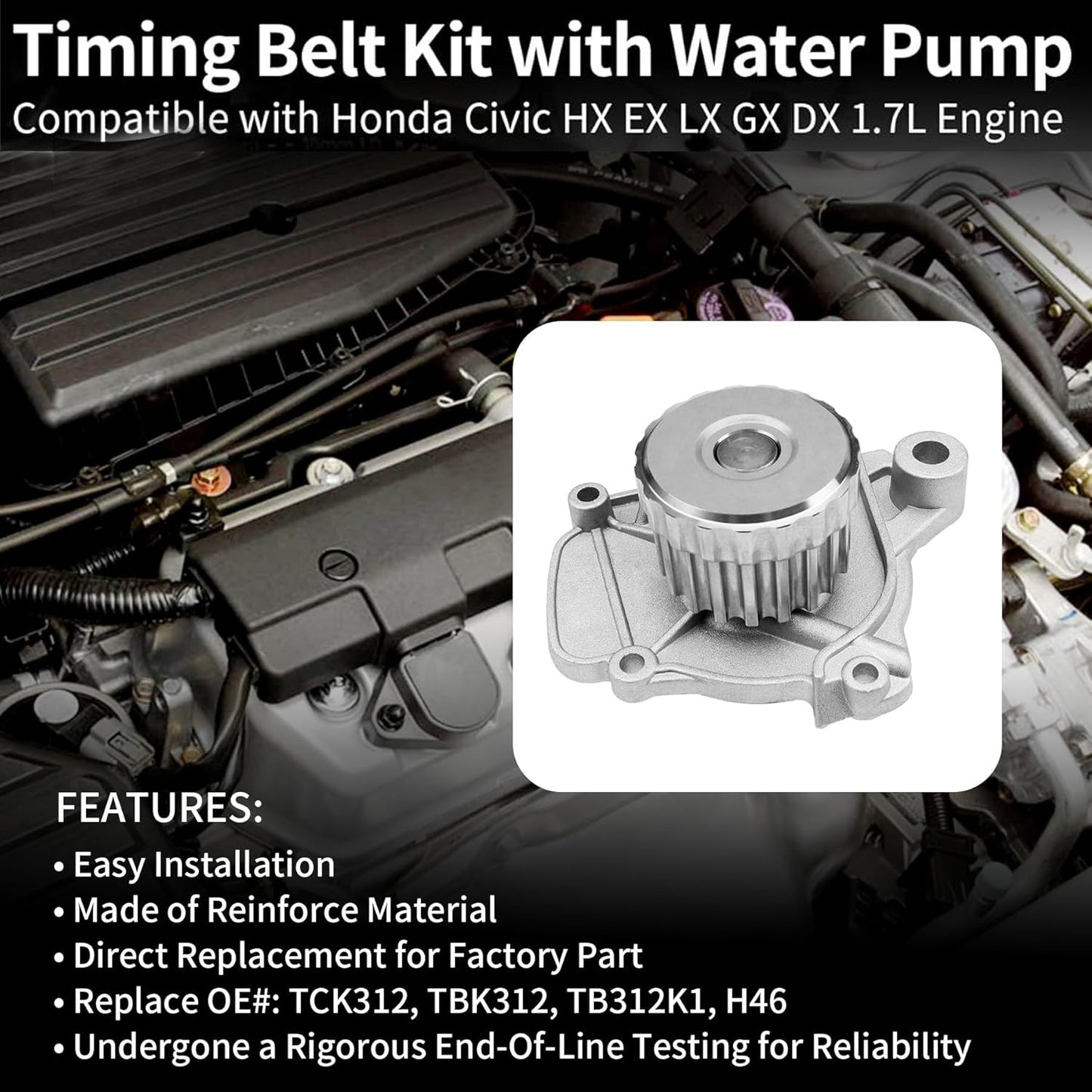 TBK312 1.7L Engine Timing Belt Kit w/ Water Pump 2001-2005 Honda Civic DX TCK312
