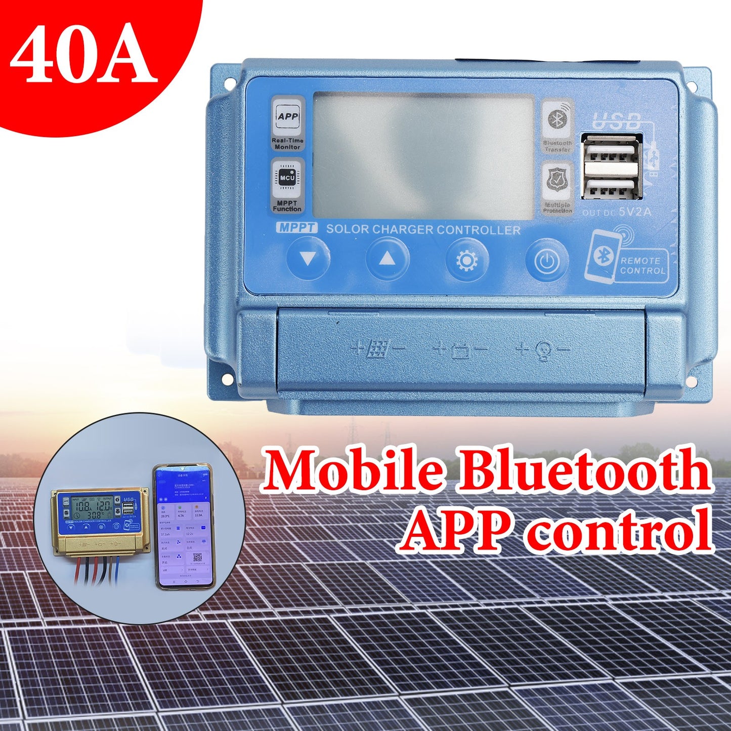 40A MPPT APP Solar Charge Controller Charger Fits 12V-60V LiFePO4 Battery Blue