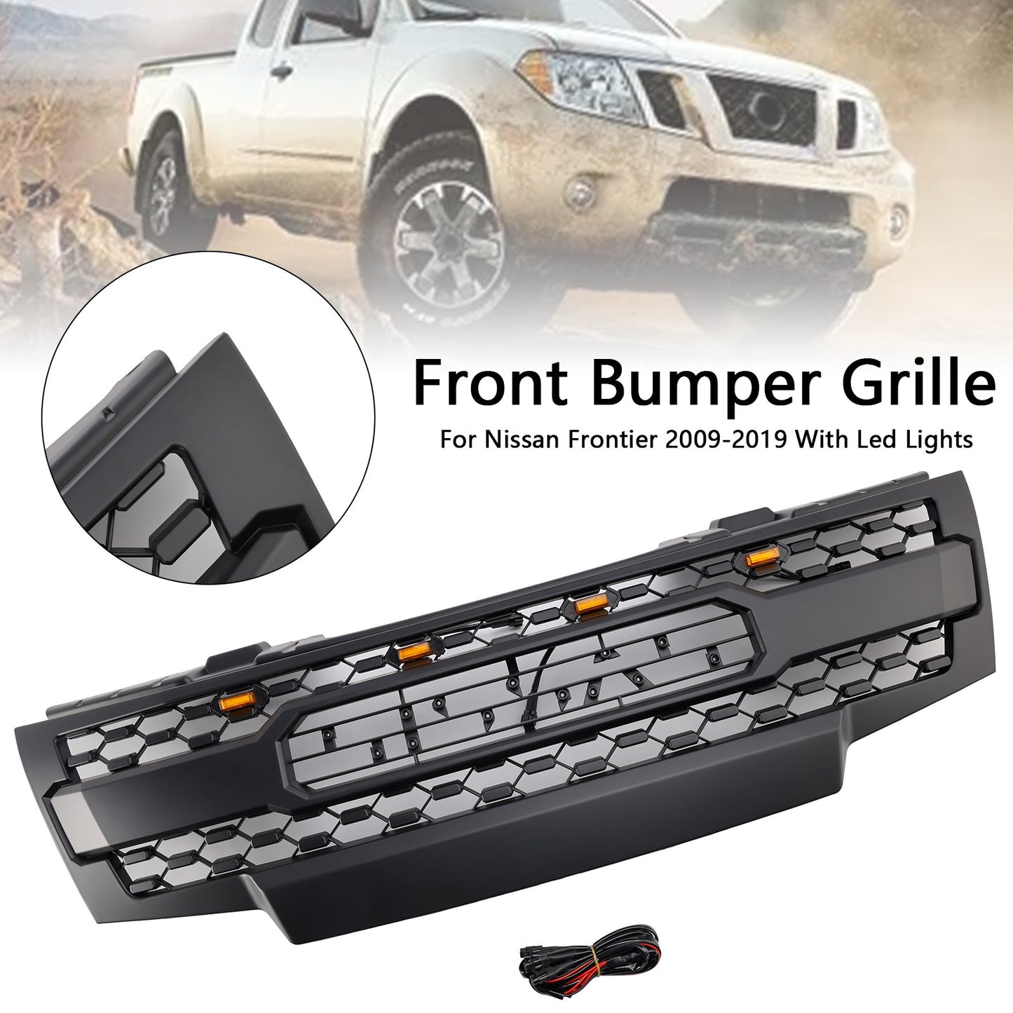 Front Upper Bumper Grille Grill Kit W/ LED Lights For Nissan Frontier 2009-2019