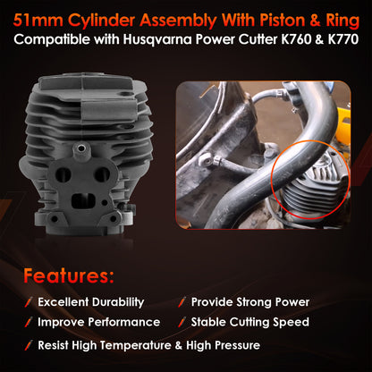 51mm Cylinder Piston Ring Kit For Husqvarna Power Cutter Saw K770 K760 Active II