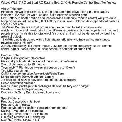 Wltoys WL917 RC Jet Boat RC Racing Boat 2.4GHz Remote Control Boat Toy Yellow