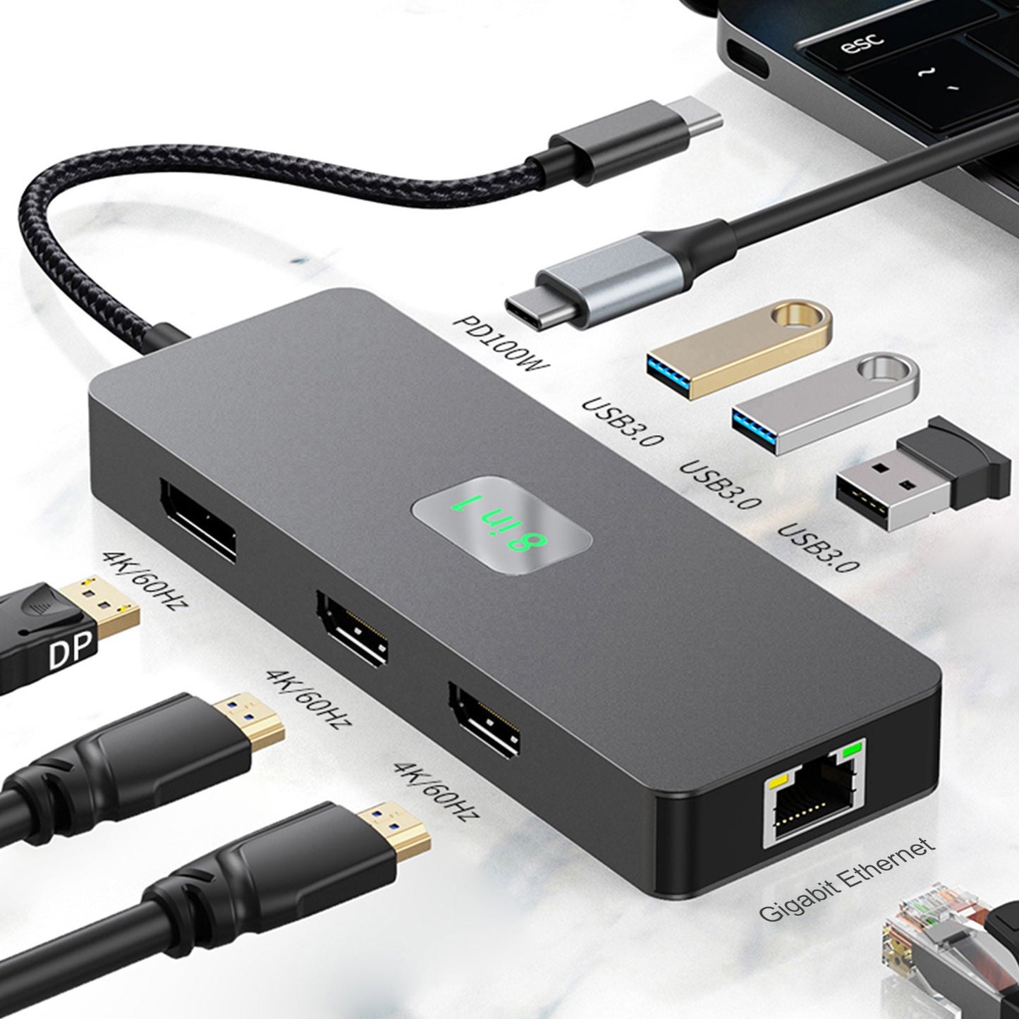 8 in 1 TYPE-C to RJ45 Gigabit USB 3.0 HDMI DP PD100W for MacBook iPad Pro 15