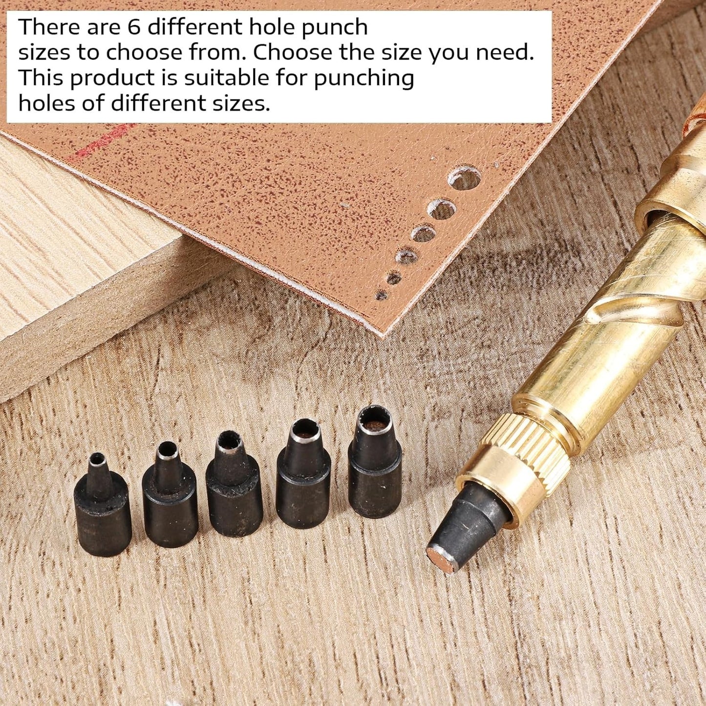Manual Leather Hole Punch Tool with Handle 6 Replaceable Tips for Belt Bag Craft