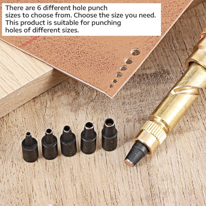 Manual Leather Hole Punch Tool with Handle 6 Replaceable Tips for Belt Bag Craft