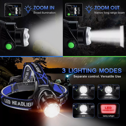 LED Headlamp Rechargeable Headlight Zoomable Head Torch Lamp Flashlight