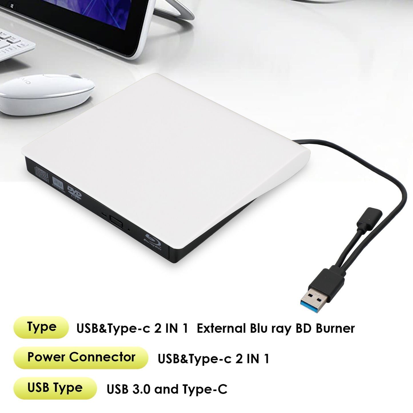 2 IN 1 USB&Type-c External  Disc Writer + Reader Burner for Mac Windows