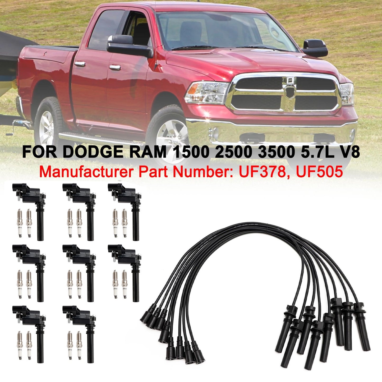 UF378 Ignition Coil+Spark Plug+Wire set For Dodge Ram 1500 2500 3500 5.7L V8  ..