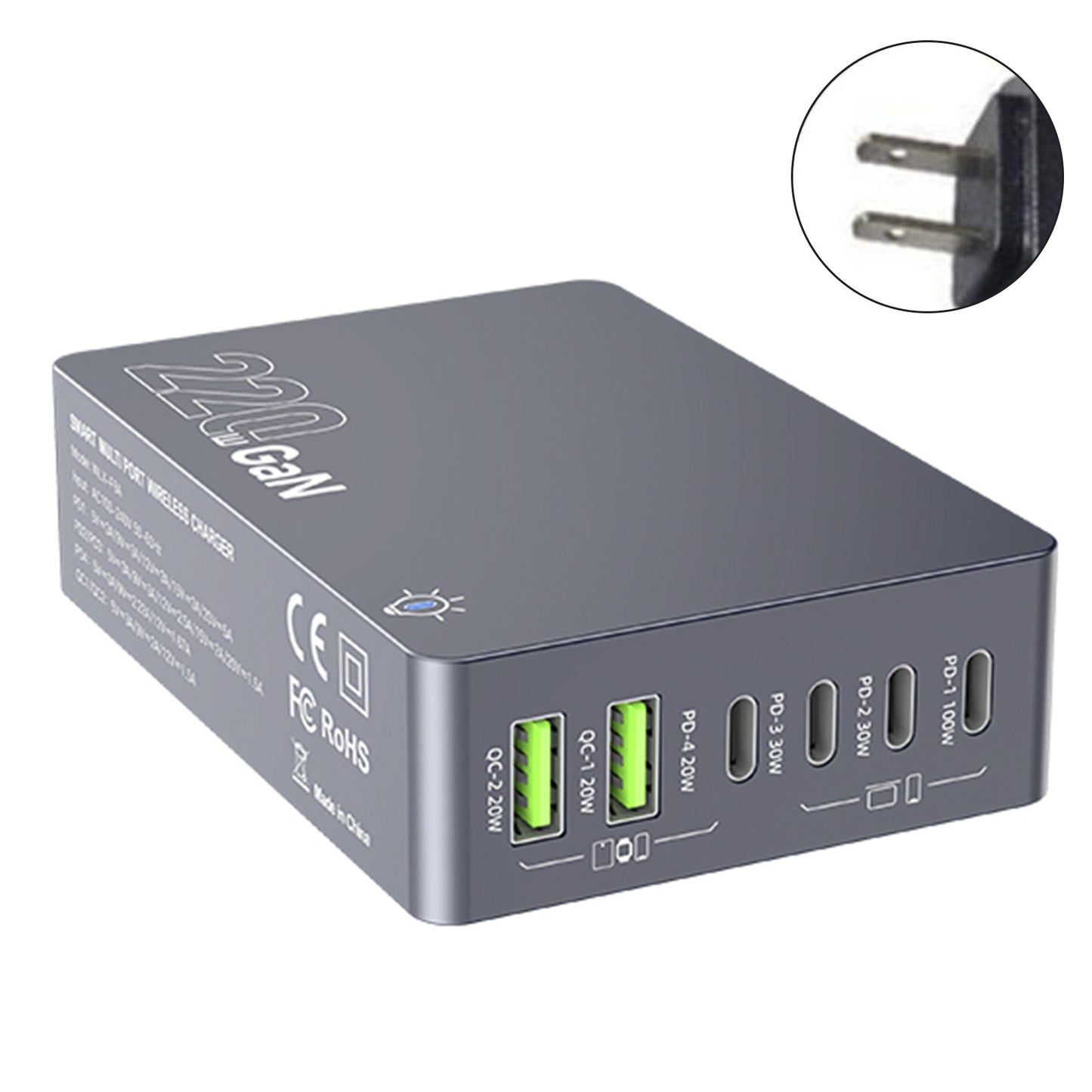 F8A Charging Station USB 6-Port Fast Charger PD100W Charging Stand Smart Charger