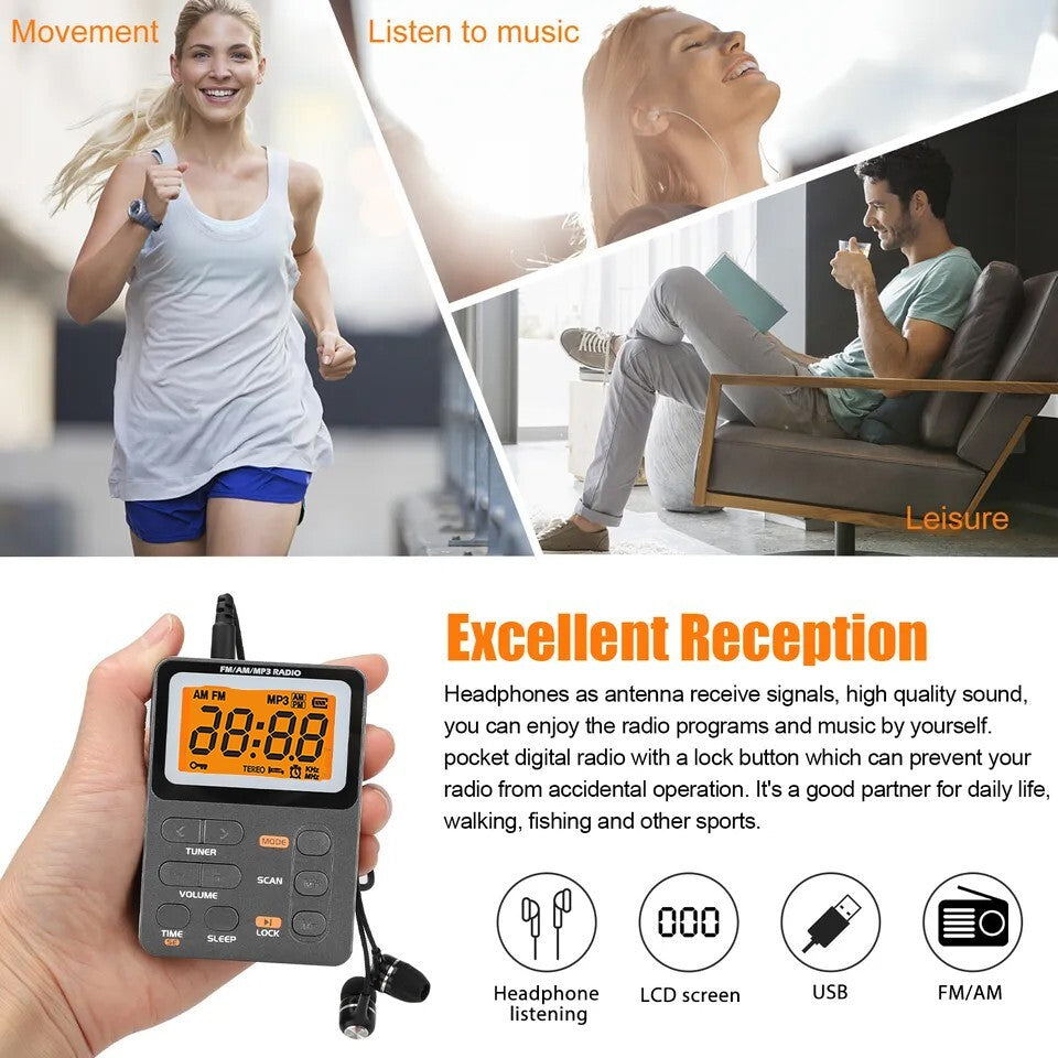 Portable Pocket Digital LCD AM FM Radio Stereo MP3 USB Rechargeable w/Earphones