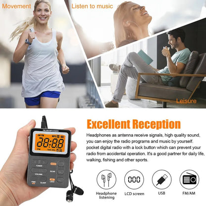 Portable Pocket Digital LCD AM FM Radio Stereo MP3 USB Rechargeable w/Earphones