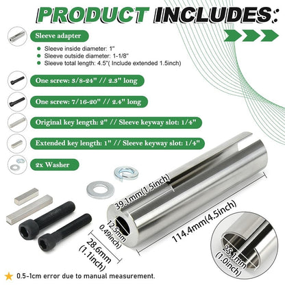 Extended 1 to 1 1/ 8 inch 1/4" Key Gas Engine Pulley Crank Shaft Sleeve Adapter