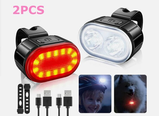Solid Spare USB Rechargeable LED Bicycle Headlight Bike Front Rear Light Cycling Lamp Set