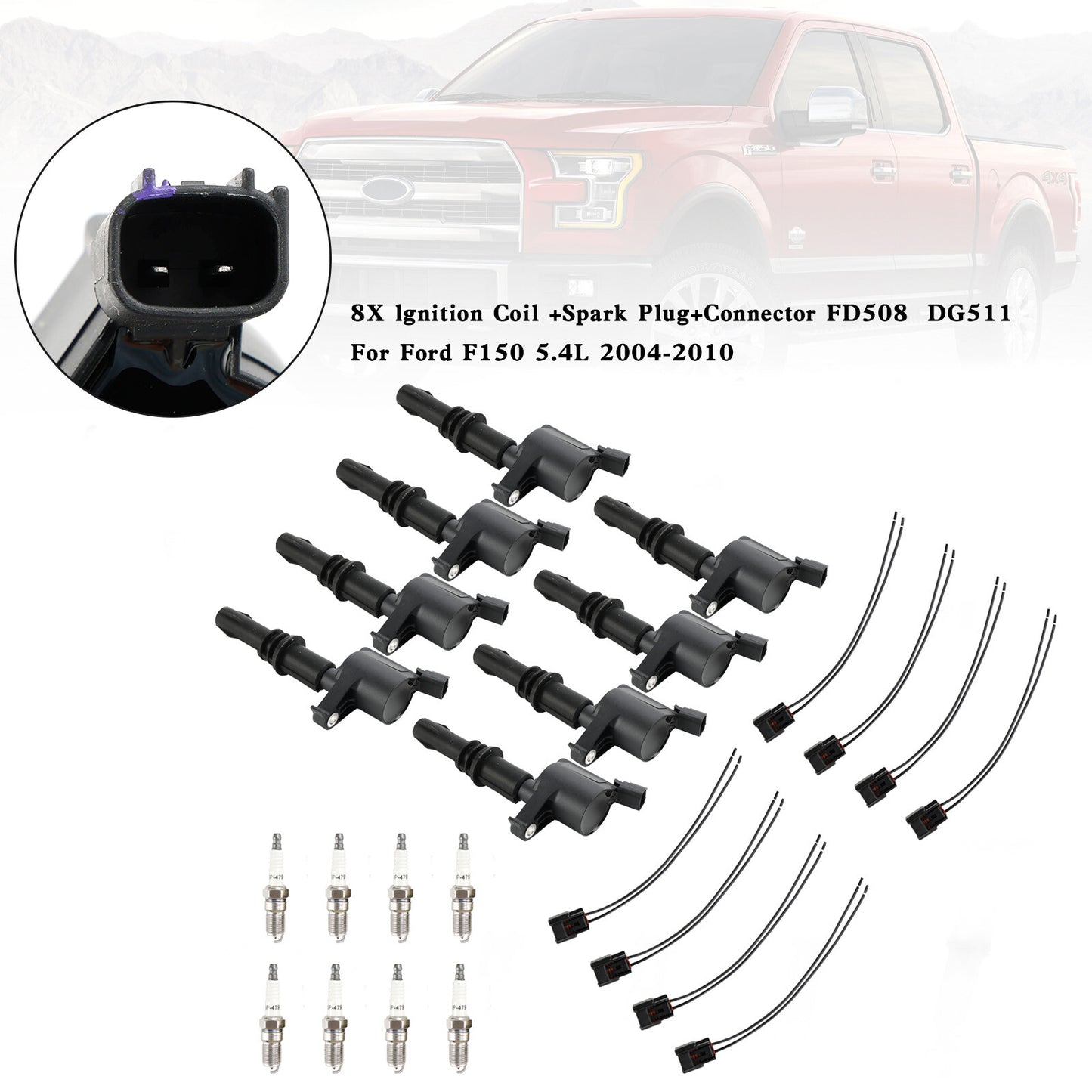 8X lgnition Coil +Spark Plug+Connector FD508  DG511 For Ford F150 5.4L 2004-2010