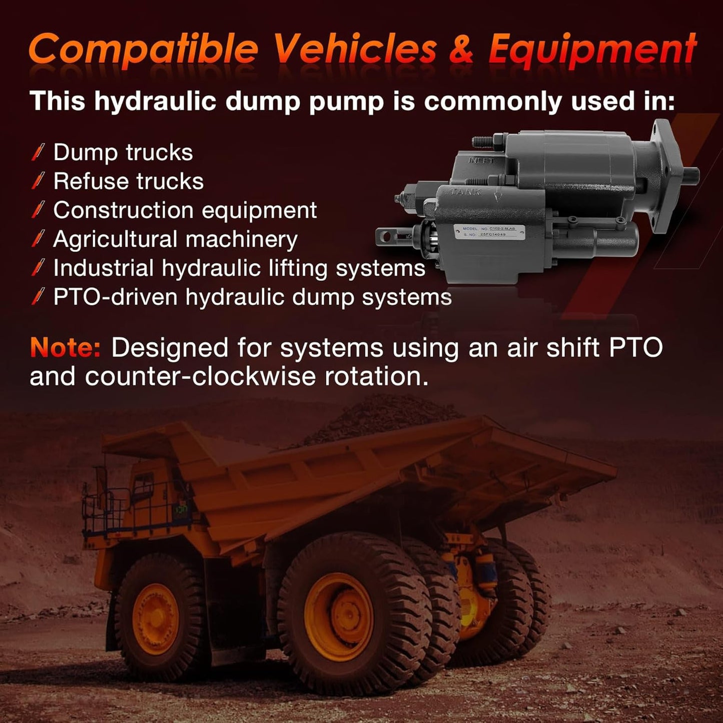 PTO Dump Pump Hydraulic Cylinder C102 Air Shift Direct Mount 7/8" 13-T Spline