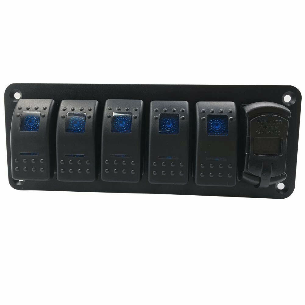 6 Gang Toggle Rocker Switch Panel Dual USB for Car Boat Marine RV Truck Blue LED