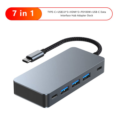 7 in 1 TYPE-C+USB3.0*3+HDMI*2+PD100W+USB-C Data Interface for MacBook iPad Pro