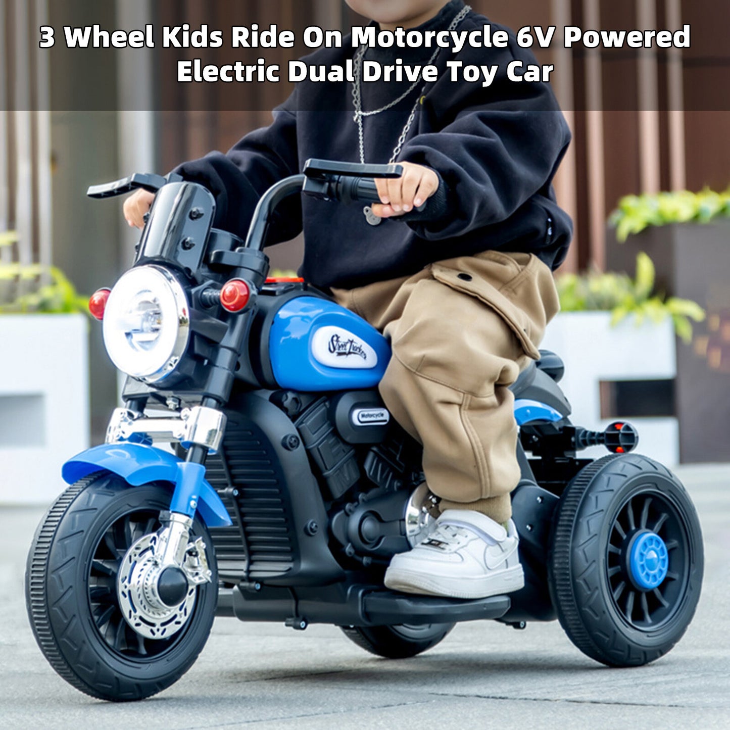 3 Wheel Kids Ride On Motorcycle 6V Powered Electric Dual Drive Toy Car Blue