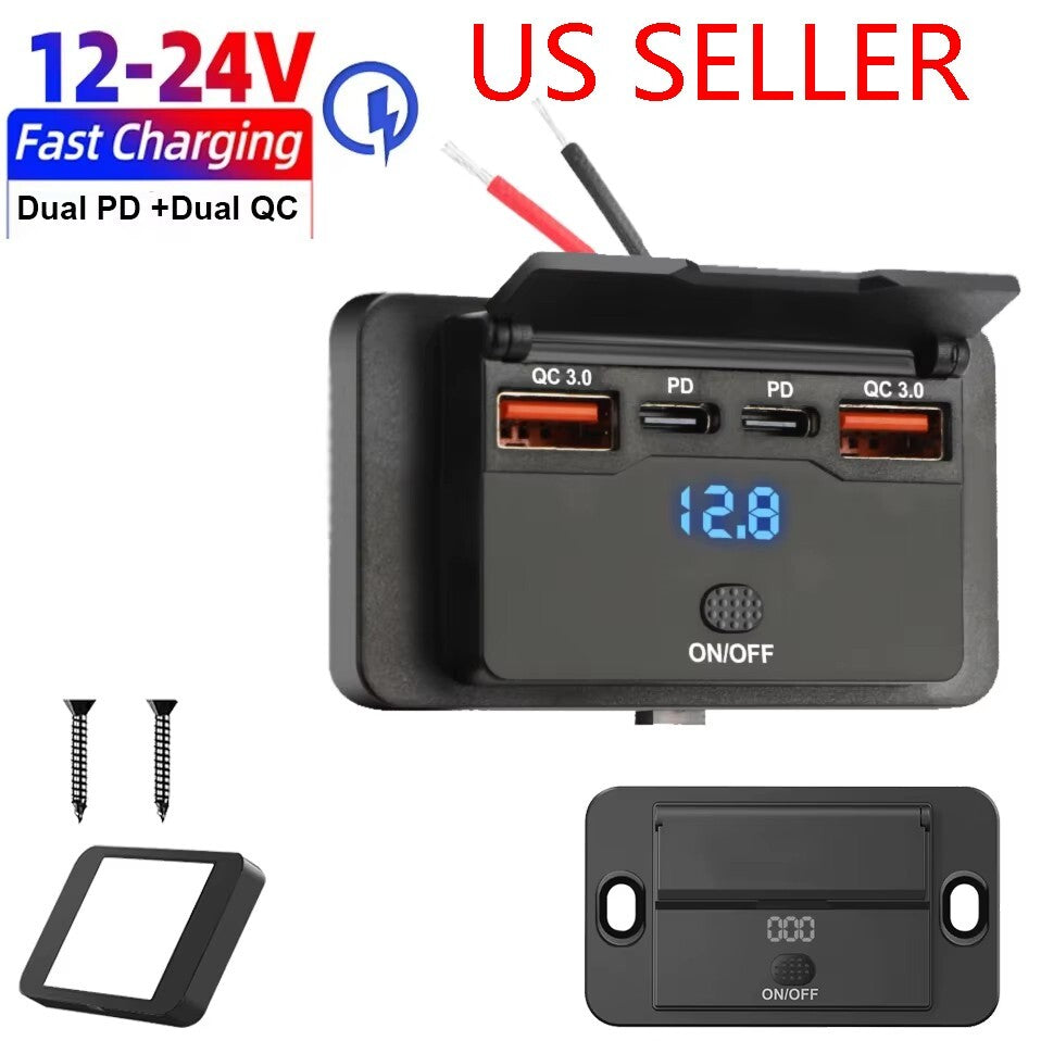 Fast USB Car Charger Socket Panel LED Voltmeter QC3.0 & PD Power Outlet 12-24V